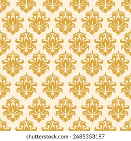 Patrón dorado de damasco sobre un fondo crema, evocando una sensación lujosa y clásica, perfecto para una decoración de estilo vintage, Fondo de pantalla o diseño de impresión.
