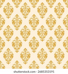 Golden damask pattern on a cream background, evoking a luxurious and classic feel, perfect for vintage-style decor, wallpaper, or print design.