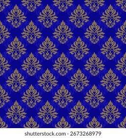 Golden damask pattern, seamless luxury blue background.
