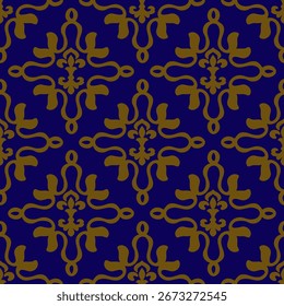 Golden damask pattern, seamless luxury blue background.