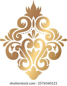 Golden damask pattern showcasing elegant floral scrolls, flourishes, and intricate details, creating a luxurious and ornate design element for various decorative purposes