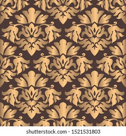Golden damask seamless floral pattern on a brown background. Royal vintage wallpaper