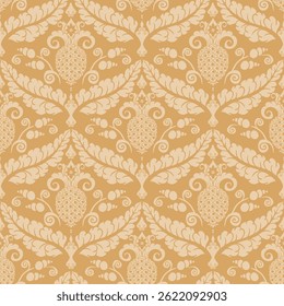 Golden Damask Seamless Pattern with Pineapple and Leaf Motifs  for wallpaper, luxury packaging, fabric design, invitations, and home decor projects. 