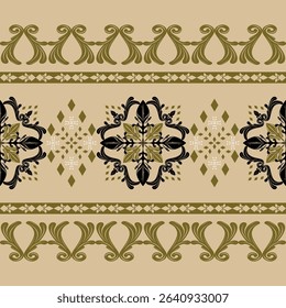 Golden Damask Victorian Baroque Rococo Combine Era Scroll Ornament With Royal Gold White Black on Tan Beige Background. Elegance Ikat Luxury Border Pattern for Apparel Bedding Embroidery Mattress Lace