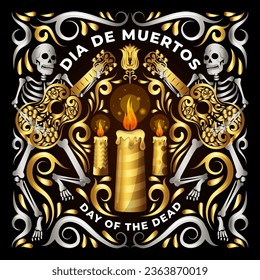 Golden Dancing Skeletons with guitar and candle, dia de los muertos symbol 