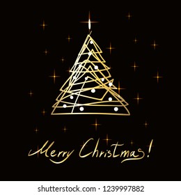 Сhristmas golden dark background with shining light, sparks. Holiday magic night copy space. Tree and lettering text, vector.