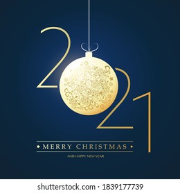 Golden and Dark Blue Merry Christmas and Happy New Year Greeting Card, Creative Design Template - 2021