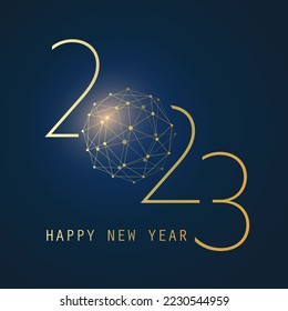 Golden and Dark Blue Modern Style Happy New Year Greeting Card, Creative Vector Design Template with Polygonal Globe - 2023