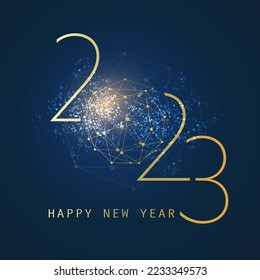 Golden and Dark Blue Modern Style Happy New Year Greeting Card, Creative Vector Design Template with Polygonal Globe on Glittering Background - 2023