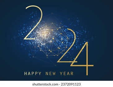 Golden and Dark Blue Modern Style Happy New Year Greeting Card, Creative Vector Design Template with Polygonal Globe on Glittering Background - 2024