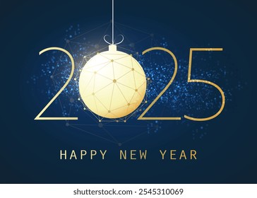 Golden and Dark Blue Modern Style Happy New Year Greeting Card, Creative Vector Design Template with Polygonal Globe Around a Christmas Ball on Blue Background - 2025