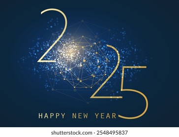 Golden and Dark Blue Modern Style Happy New Year Greeting Card, Creative Vector Design Template with Polygonal Globe on Glittering Background - 2025