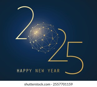 Golden and Dark Blue Modern Style Simple Minimalist Happy New Year Greeting Card, Creative Vector Design Template with Polygonal Globe - 2025 - Web, Tech, Global Networks, Virtual Reality Concept