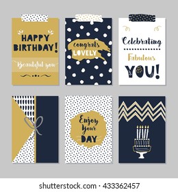 Golden and dark navy blue Happy Birthday cards set on trendy gray background - Beautiful designs with hand drawn dotted patterns, birthday messages, and birthday cake icon