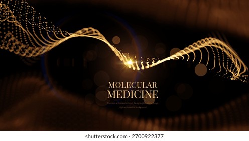 Las partículas de datos dorados fluyen de fondo de tecnología médica, simbolizando diagnósticos impulsados por IA, investigación genética, redes neuronales. Presentaciones científicas, Sitios web de biotecnología e informes de innovación