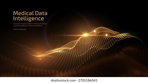 Golden data particles flow medical tech background, symbolizing AI-powered diagnostics, genetic research, neural networks. Scientific presentations, biotech websites, and innovation reports background