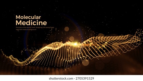 Partículas de dados dourados fluem fundo de tecnologia médica, simbolizando diagnósticos com IA, pesquisa genética, redes neurais. Apresentações científicas, sites biotecnológicos e histórico de relatórios de inovação