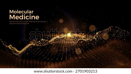 Golden data particles flow medical tech background, symbolizing AI-powered diagnostics, genetic research, neural networks. Scientific presentations, biotech websites, and innovation reports background