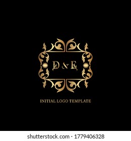 Golden DE Initial logo. Frame emblem ampersand deco ornament monogram luxury logo template for wedding or more luxuries identity