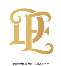 Golden DE monogram isolated in white.