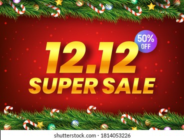 Golden December 12 super sale shopping day with christmas tree branches decorated with stars, balls and candy canes on red background