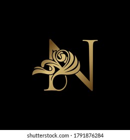 Golden Deco Luxury N Letter Initial Logo Icon, Monogram Ornate Swirl Wing  Logo Template Design.