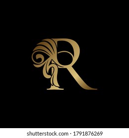 Golden Deco Luxury R Letter Initial Logo Icon, Monogram Ornate Swirl Wing  Logo Template Design.