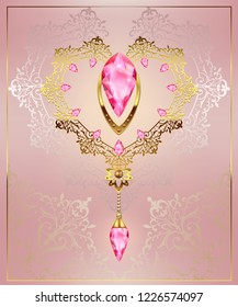 golden decor heart with jewelry pebbles diamonds on a floral background with art deco ornament