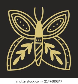 Golden decorated butterfly esoteric symbol. Boho moth design element isolated vector illustration. Butterfly doodle decoration