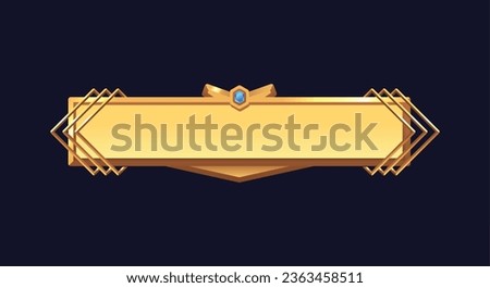 Golden decorated frame with gem. Bronze metallic rectangular border for fantasy RPG gaming. Vintage gold metal element for interface ui ux game. Vector cartoon isolated illustration royal game button