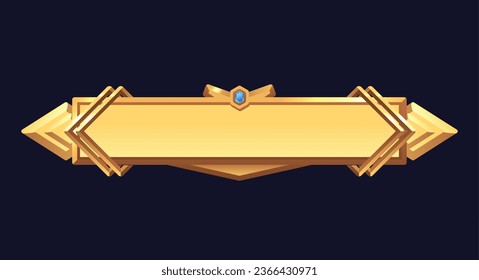 Golden decorated frame with gem and sharp ends. Bronze rectangular border for fantasy RPG gaming. Vector isolated royal horizontal game button. Vintage gold metal element evolution level interface