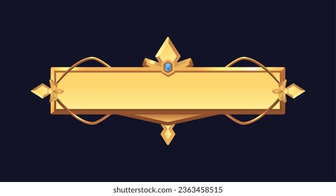 Golden decorated frame with gem. Vintage gold metal element for user interface ui ux game. Bronze metallic border for fantasy RPG gaming. Vector cartoon isolated illustration royal game button