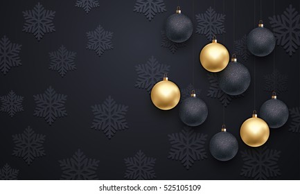 Golden decoration pattern of black snowflake, gold Christmas balls on luxury background for Christmas, New Year holiday greeting. Premium decorative velvet snow ornament. Vector backdrop vip wallpaper