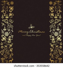 Golden decorations with Christmas elements on black background, illustration.