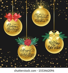 Golden decorative balls with Christmas theme greetings inscriptions. Vector illustrations and hand drawn lettering