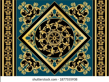 Golden decorative baroque border on black background.Vector design for fashion prints and backgrounds.