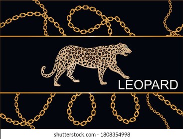 Golden decorative baroque chains with leopard on black background.EPS10 Illustration.