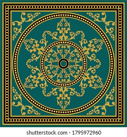 Golden decorative baroque pattern with chain on green  background.EPS10 Illustration.