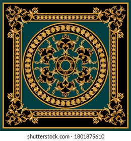 Patrón barroco decorativo dorado con cadena sobre fondo negro.EPS10 Ilustración.