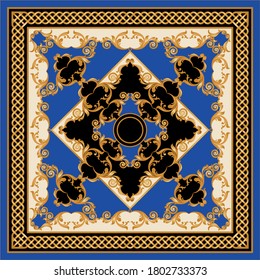 Golden decorative baroque pattern with chain on blue background.EPS10 Illustration.