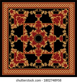 Patrón barroco decorativo dorado con cadena sobre fondo negro.EPS10 Ilustración.