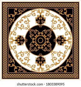 Golden decorative baroque pattern with chain on black background.EPS10 Illustration.