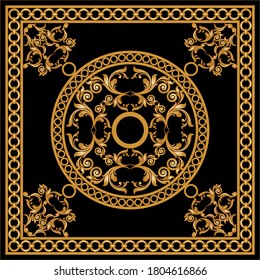 Golden decorative baroque pattern with chain on black background.EPS10 Illustration.