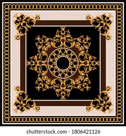 Golden decorative baroque pattern with chain on black background.EPS10 Illustration.