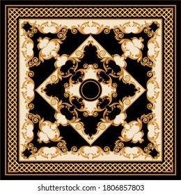 Golden decorative baroque pattern with chain on black background.EPS10 Illustration.
