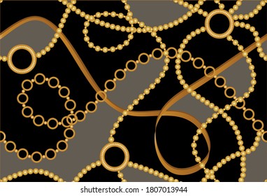Patrón barroco decorativo dorado con cadena sobre fondo negro.EPS10 Ilustración.