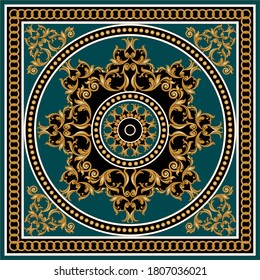 Golden decorative baroque pattern with chain on green background.EPS10 Illustration.