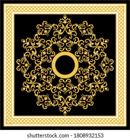 Golden dekoratives Barockmuster mit Kette auf schwarzem Hintergrund.EPS10 Illustration.