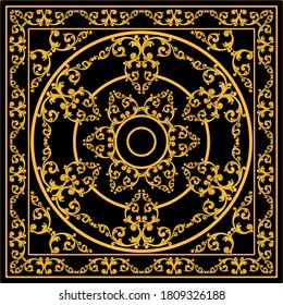 Golden decorative baroque pattern with chain on black background.EPS10 Illustration.