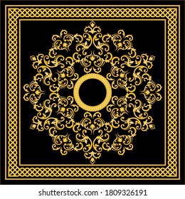 Golden decorative baroque pattern with chain on black background.EPS10 Illustration.